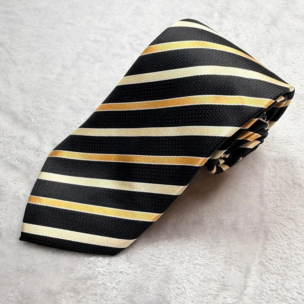 Sean John Mens Silk Necktie Black Gold Diagonal Stripe Formal Business Tie